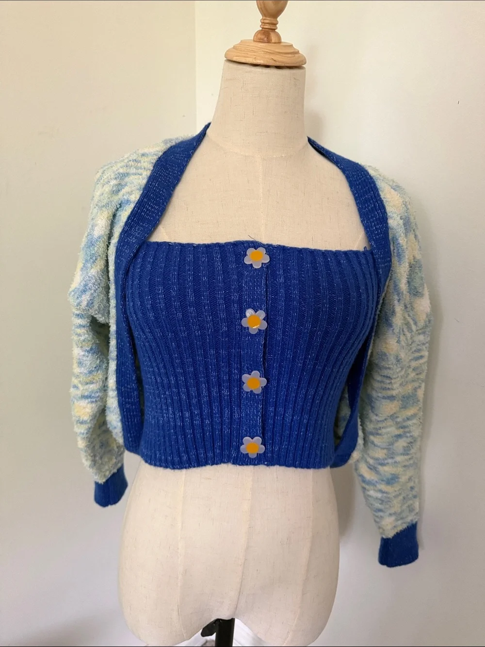 Blue Knit Ribbed Crop Tank with Matching Cardigan Set